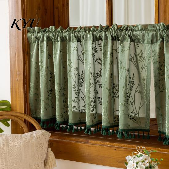 Landhausstil Badezimmerfensterdekoration Boho Kurzer Vorhang, Küche Café Transparenter Vorhang mit Quasten, Vintage Abdeckungen Blumenpflanzen Druck Bauernhaus