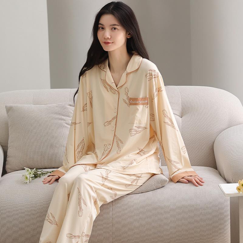 Pajamas women's spring and autumn pure cotton long-sleeved women's autumn middle-aged mother autumn and winter thin large-size high-end loungewear