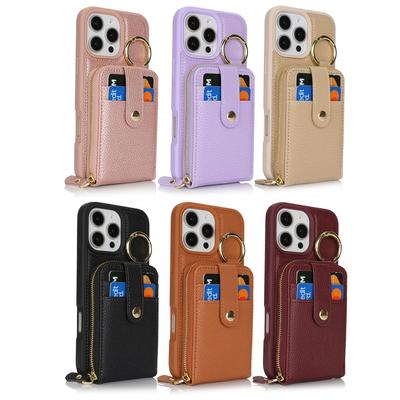 Etui All-in-One z czarnej skóry na iPhone'a 14 15 16 Styl łączy funkcjonalność Przegródki na karty, Zamek błyskawiczny i Uchwyt pierścieniowy funkcja przechowywania