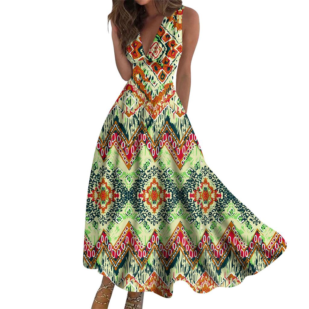 Women's Long Dress Maxi Dress Casual Dress Summer Casual Sleeveless V Neck Boho Waist Retraction Printed Dress