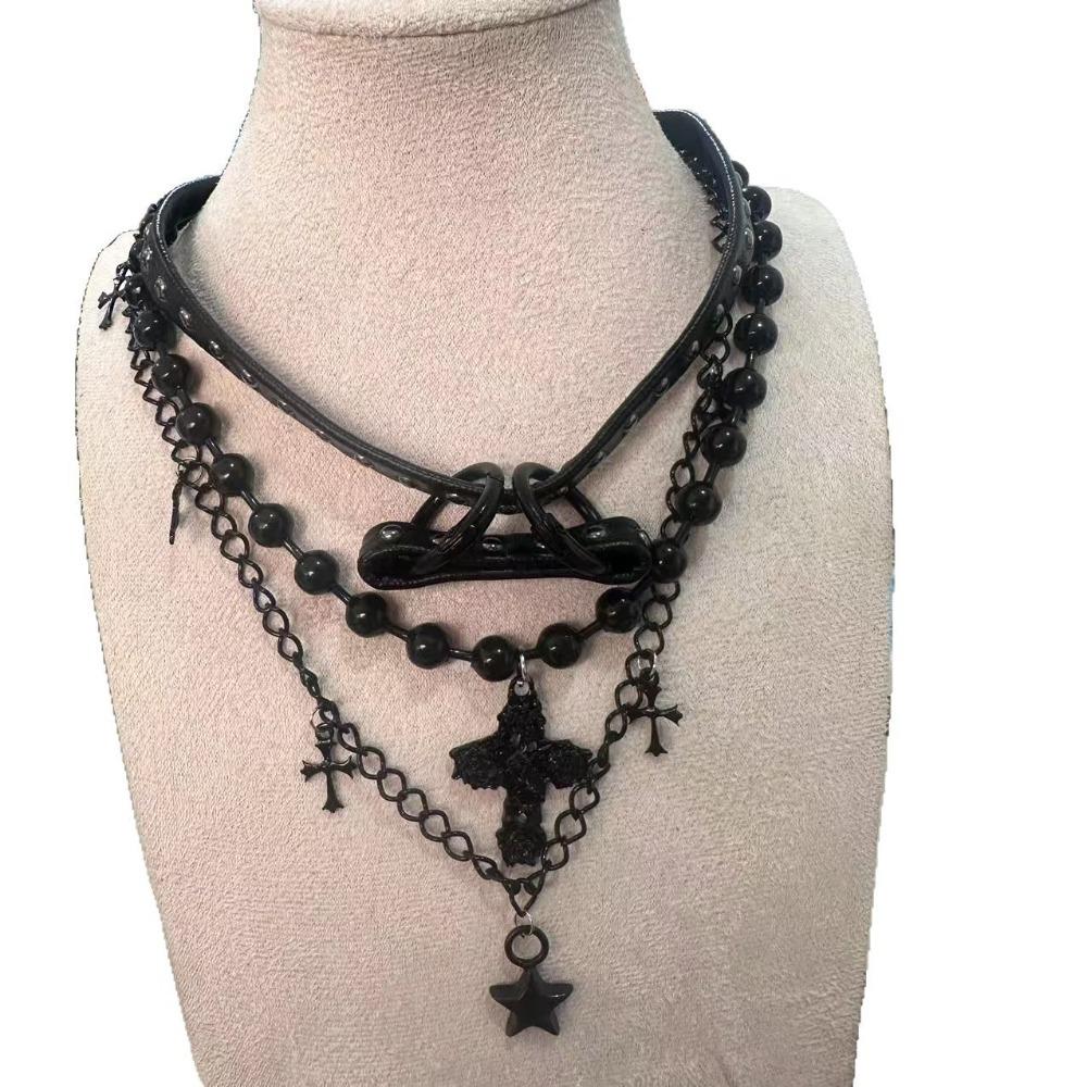 Dark Night Thorns Cross Stars Multi-layer Choker Necklace Spice Girl Black Leather Necklace