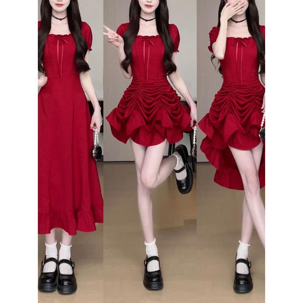 Red square collar dress, wear more solid color long skirts, temperament casual dress, waist and thin cake skirt summer
