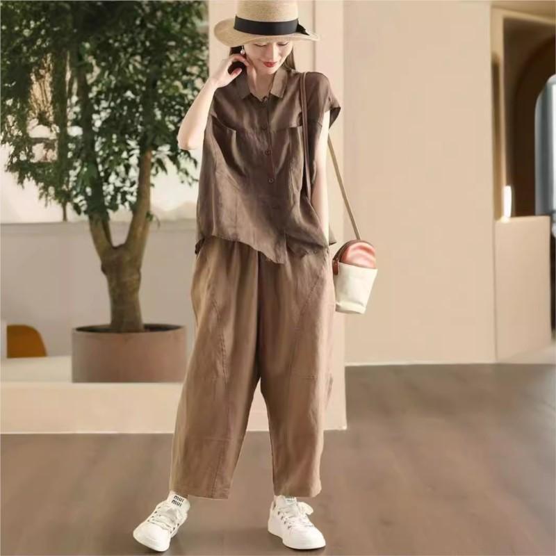 Johnature Women Solid Color Sleeveless Shirts Turn-down Collar Button Summer Pockets Women Vintage Blouses Tops