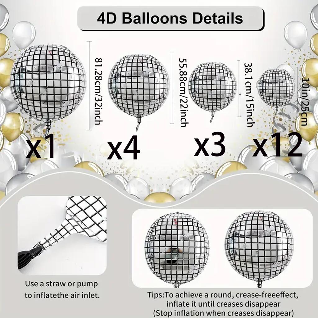 Silver disco balloons are suitable for birthday parties, anniversaries, 70s and 80s themed events, cocktail parties, and dances