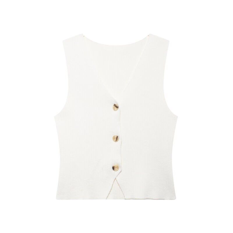 Fashion Wind 2024 Summer New Versatile V Neck Knitted Vest Ivory Outwear 1231948001