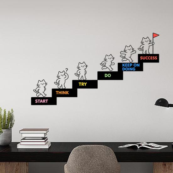 Cat Wall Decal, Cartoon Cat Upstairs Sticker with Quotes, Removable Peel And Stick Murals for Kid's Bedroom, Nursery, Playroom