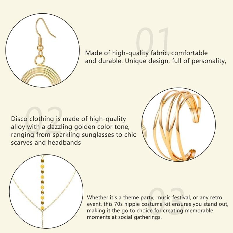 5 Peças Bijuteria Fantasia Disco Anos 1970, Óculos de Sol Brincos Colar Tiara Pulseira, para Mulheres Festa Temática Disco Anos 70/80