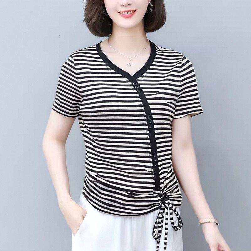 Striped V-neck T-shirt Korean Summer Style Slanted Button Irregular Hem Fashionable Shirt Slim Drawstring Top for Women