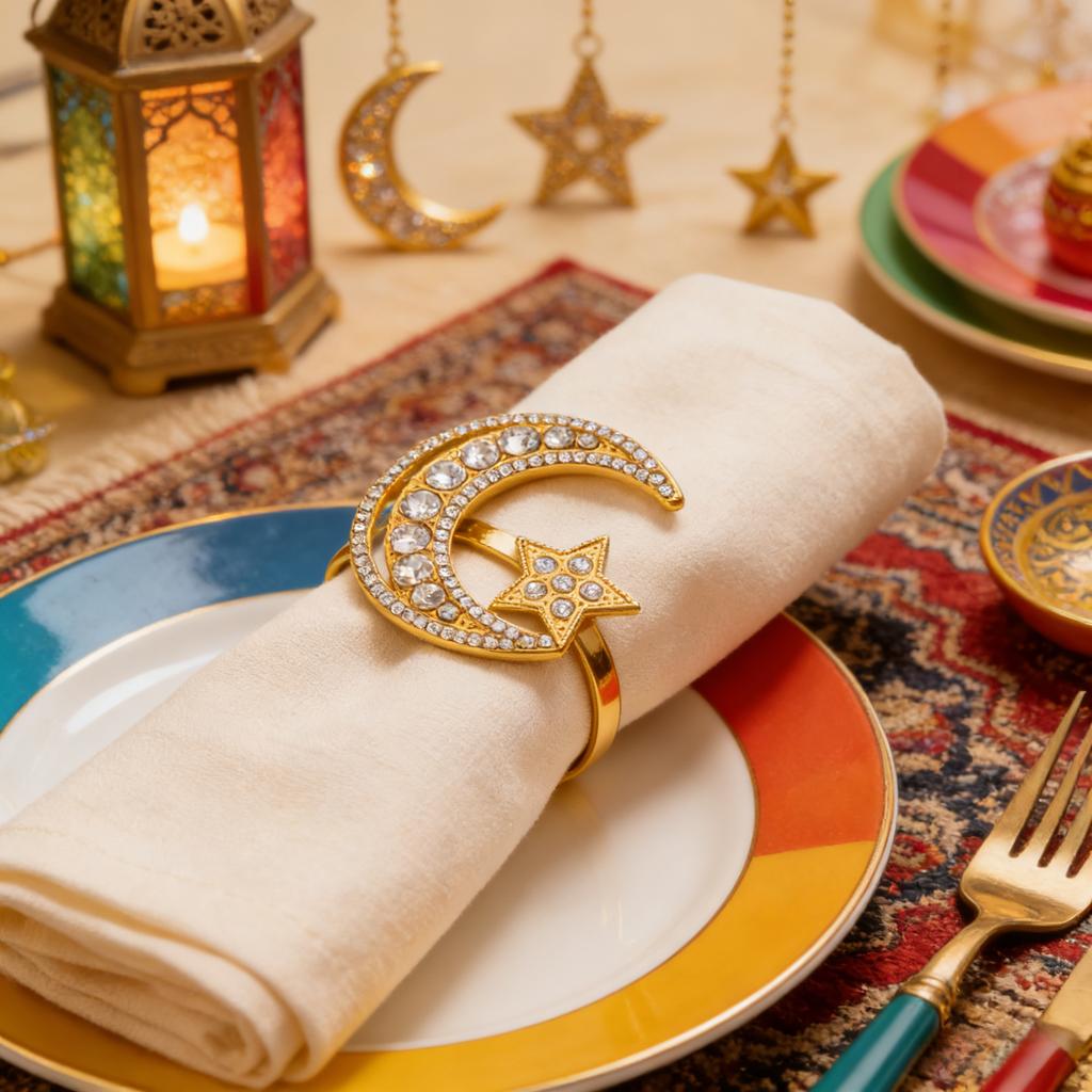 1-30PCS Ramadan Napkin Ring Set Gold Star Moon Design Alloy Crystal Metal Hollow For Holiday Tableware Durable Holder