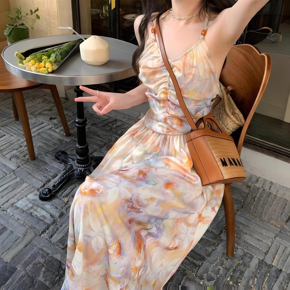 Retro Oil Painting Floral Neck Suspender Dress Women's Summer Vacation Style Temperament Backless Waist Long Dress