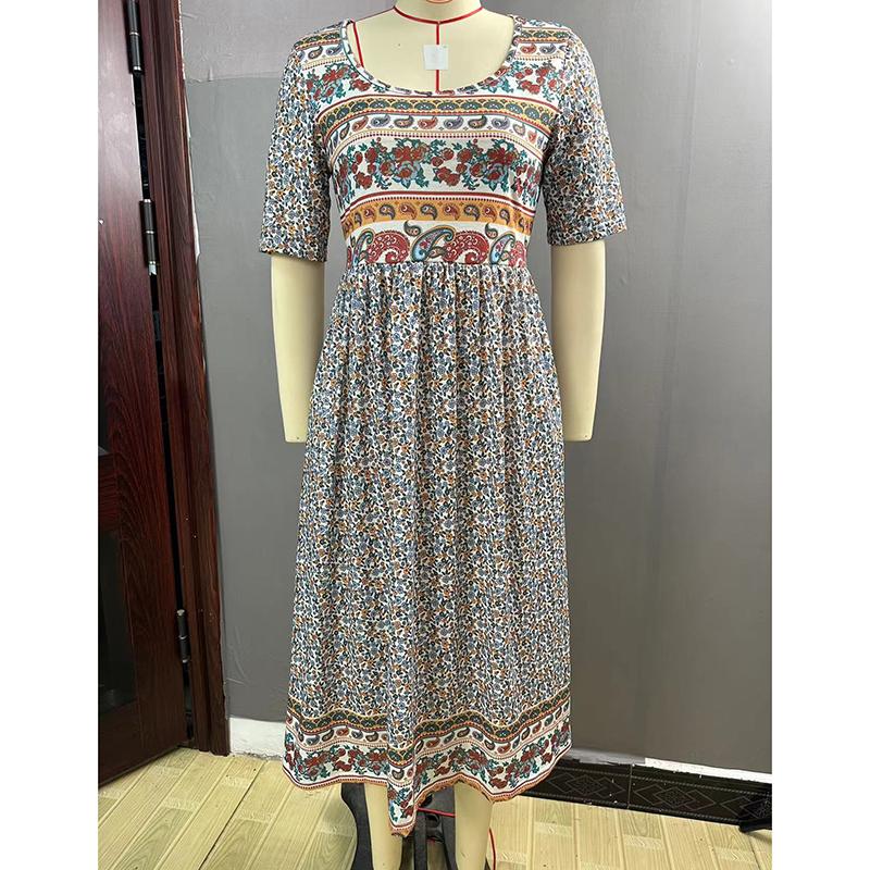 Sommer Böhmisch Bedrucktes Übergröße Damenkleid Mode Rundhals Kurzarm Lässige Lange Kleider Damen Elegant A-Linie Urlaubs Strandkleid 26653