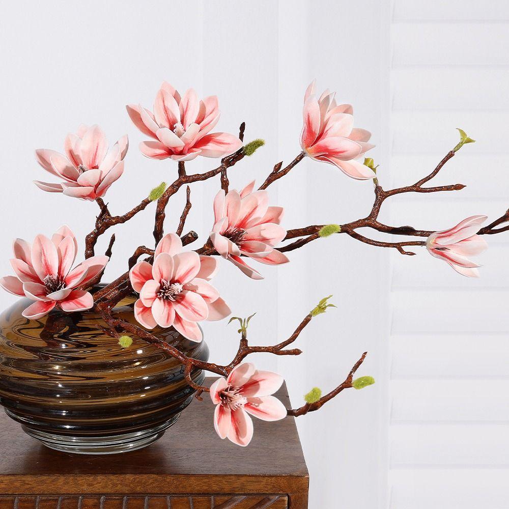 Multi-Bloom Artificial Magnolia Flowers Branch Pink Plastic Fake Flower  Living Room Ornaments