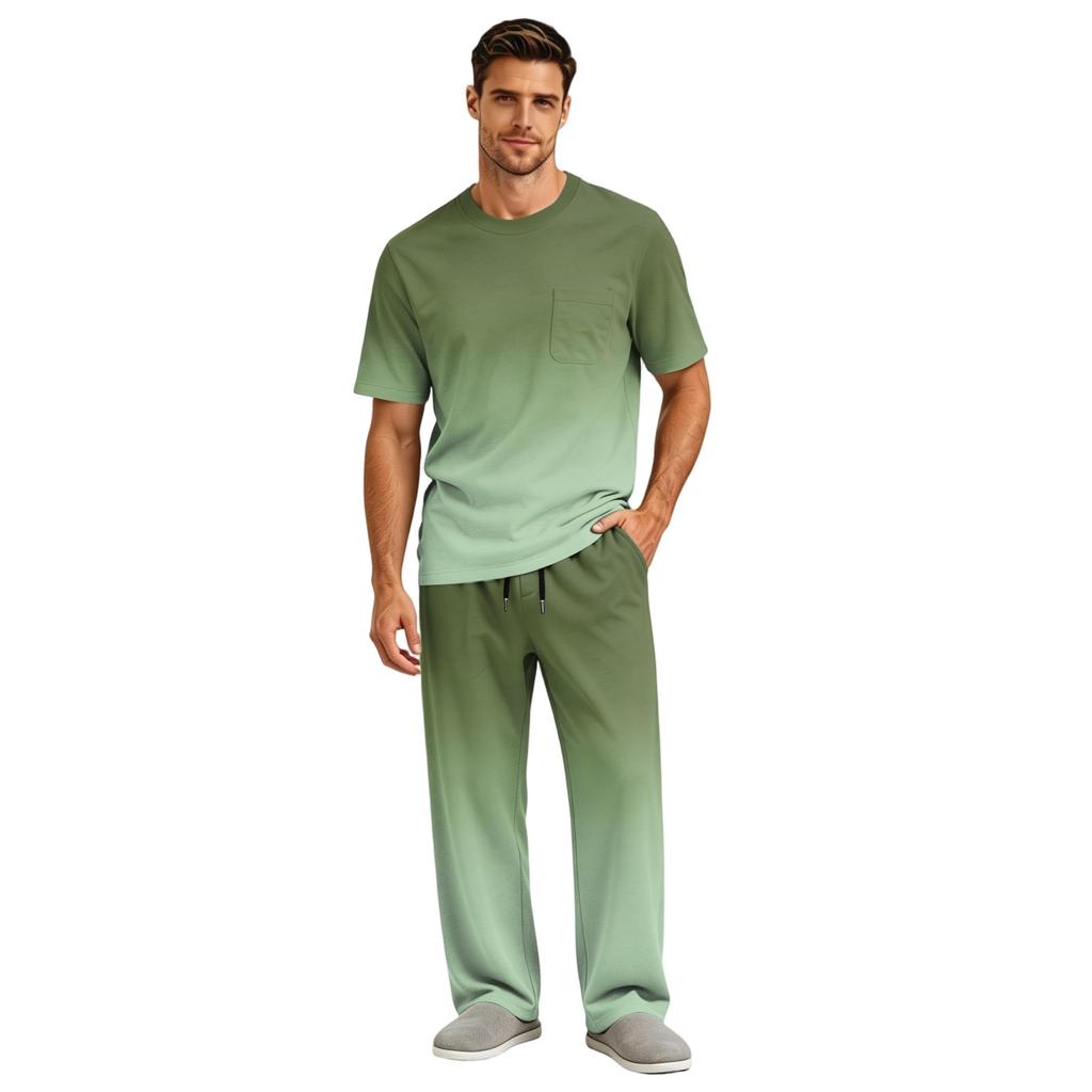 Men's Short Sleeve Pajama Set with Button Fly and Elastic Drawstring Waist