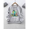 Girls' Round Neck Sweatshirt with New York City Cartoon Print, Long Sleeve Top for Weekend Outings and Camping Wear