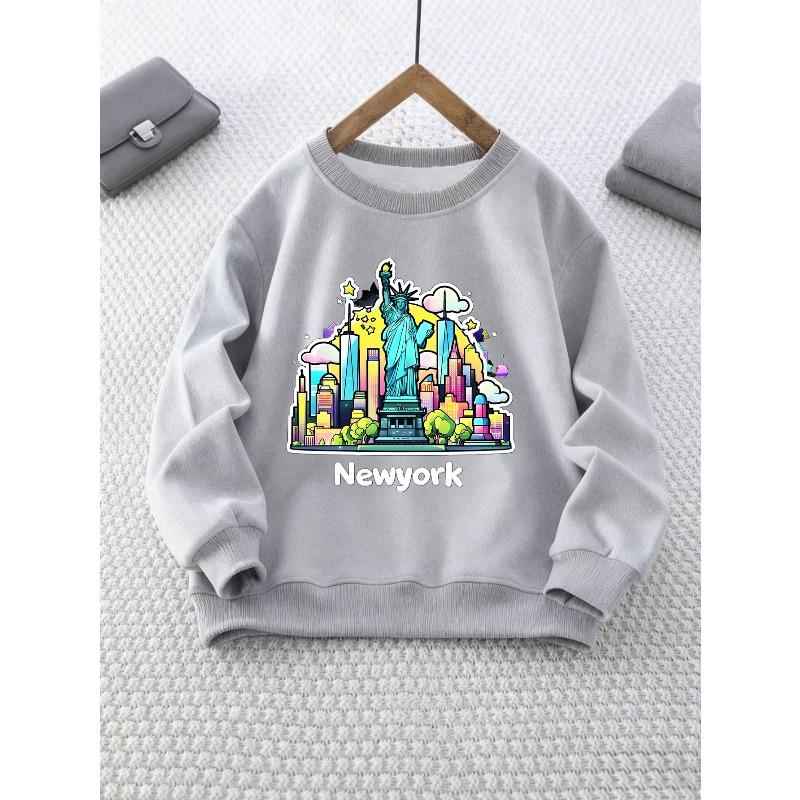 Girls' Round Neck Sweatshirt with New York City Cartoon Print, Long Sleeve Top for Weekend Outings and Camping Wear