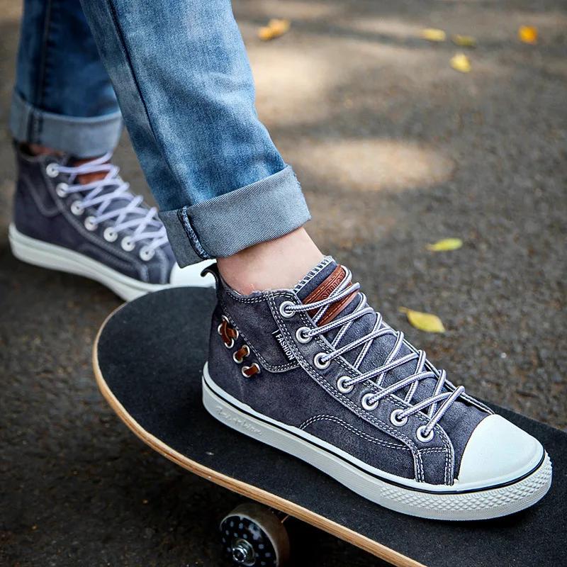 Letnie Męskie Dżinsowe Buty Casual Modne Szyte Sneakersy na Platformie Oddychające Damskie Płócienne Buty High Top Unisex Wulkanizowane Buty