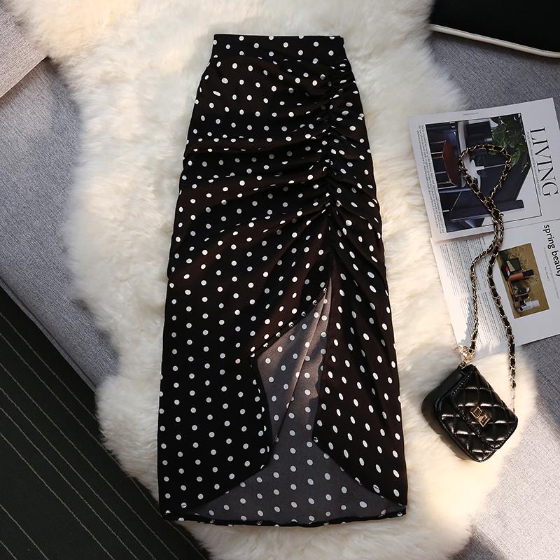 

Botvotee Sexy Vintage Pokal Dot Print Trumpet Midi Skirt for Women Back Elastic Band Side Split Ruffles Long Black Skirt 3XL чорний