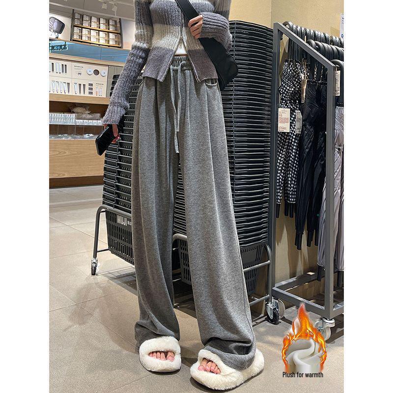 Petite Women's High-Waisted Velvet Pants: Thick, Glutinous Rice Texture, Casual, Slimming, Loose, Straight & Wide Leg, Floor-Length for Autumn/Winter.