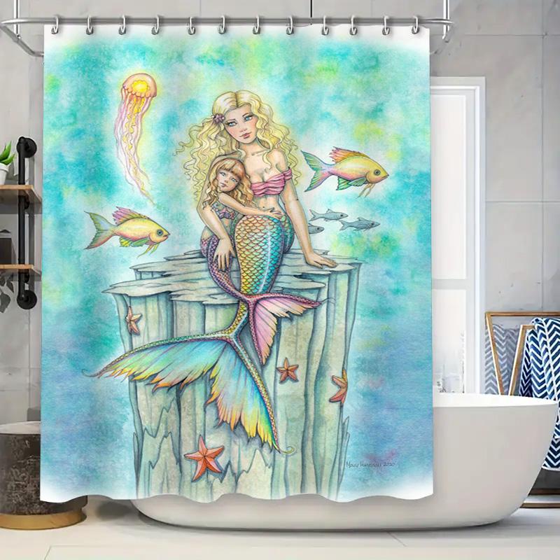 Underwater Mermaid Family Shower Curtain Watercolor Artistic Print Home Decor Waterproof Bath Liner for Bathroom Decoration T376