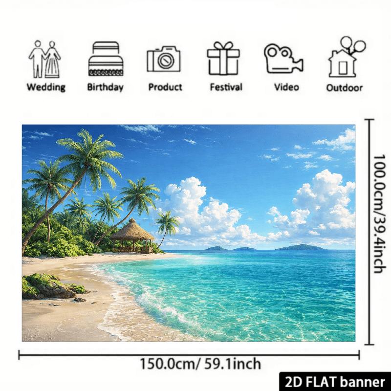 2D Planar Beach Scenery Theme Background Fabric. The Picture Shows a Peaceful White Sandy Beach with Lush Trees.