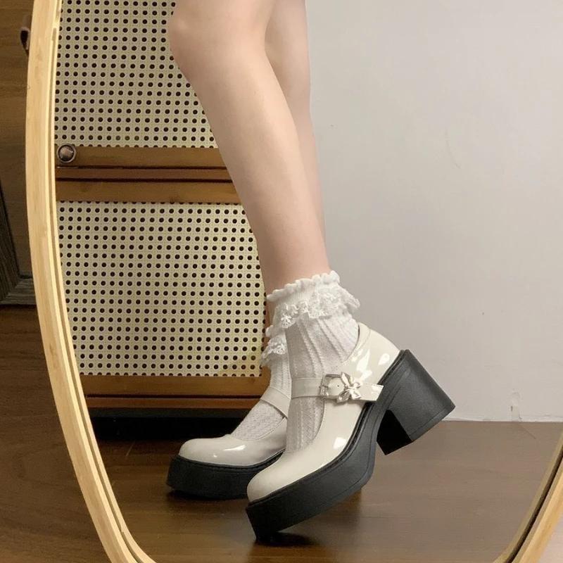 Fashion Ladies Pumps Japanese Style Lolita Chunky Heels Gothic Block Heel Platform Round Toe with Medium Mary Jane Women's Shoes Korean