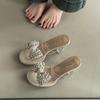 Crystal Heel Versatile Bow Rhinestone Slippers Women's Summer Fashion Outer Wear Skirt Thick Heel High Heel Sandals