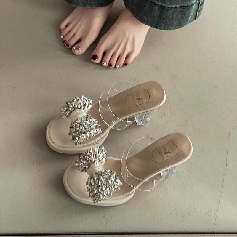 Crystal heel versatile bow rhinestone slippers women's summer fashion outer wear skirt thick heel high heel sandals