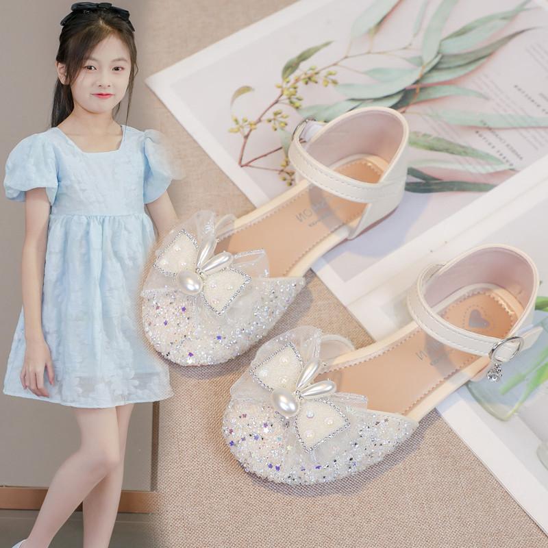 Girls Half Sandals Korean Style Kids Princess Shoes Cute Rabbit 2025 Summer New Girls Beach Shoes Non-slip Ins Sweet Bowtie