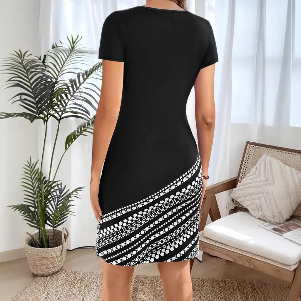Women's Short-sleeved Round Neck Geometric Printed Slim Short Dress