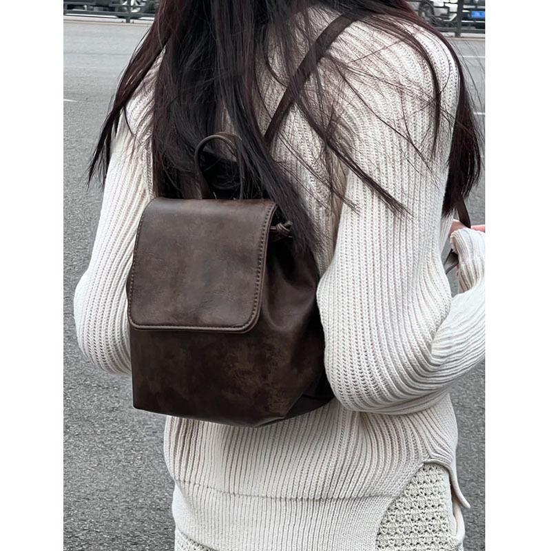 Xiaohongshu Petite Retro American Brown Backpack - Simple, Versatile Shoulder Bag BM2025