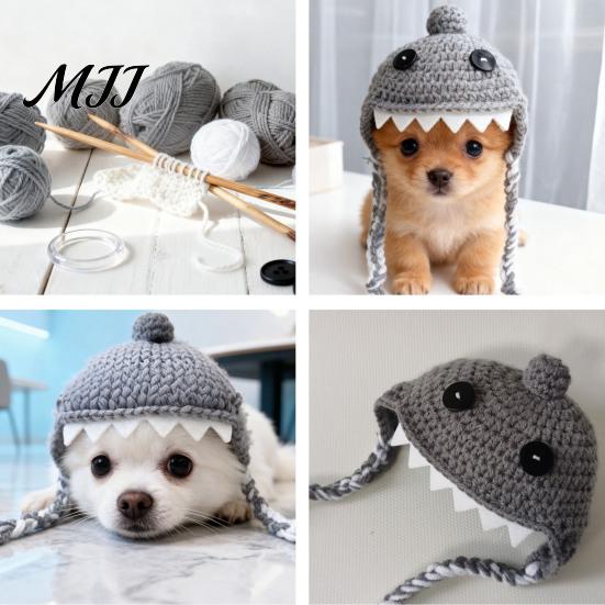 Cute Knitted Pet Cap Funny Shark Cat Hat, Crocheted Hat with Braided Soft Yarn Accessories Straps, for Cats Small Dogs Lightweight Puppy