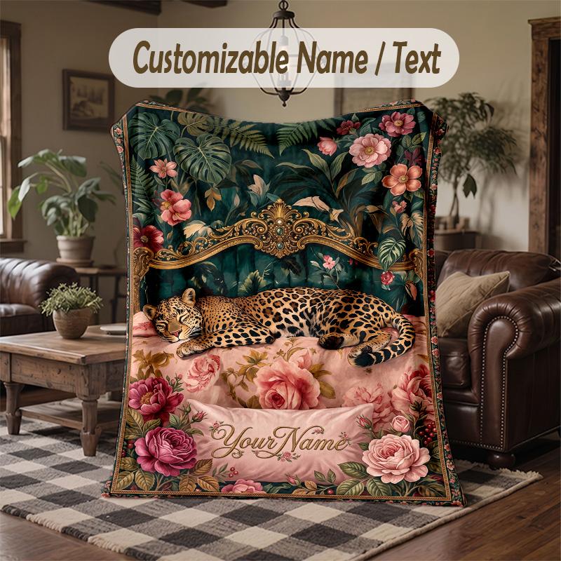Leopard Floral Frame Theme Throw Blanket Custom Name Text Personalized Blanket Soft Cozy Blanket for Home Sofa Bed