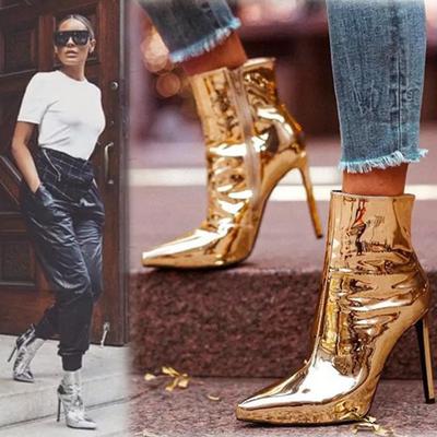 Moda 2024 Design Botki do kostki Kobiety Moda Zamek Szpiczasty Wysokie Obcasy Złoty Srebrny Lakierowana Skóra Krótkie Botki Buty Buty na Wybieg