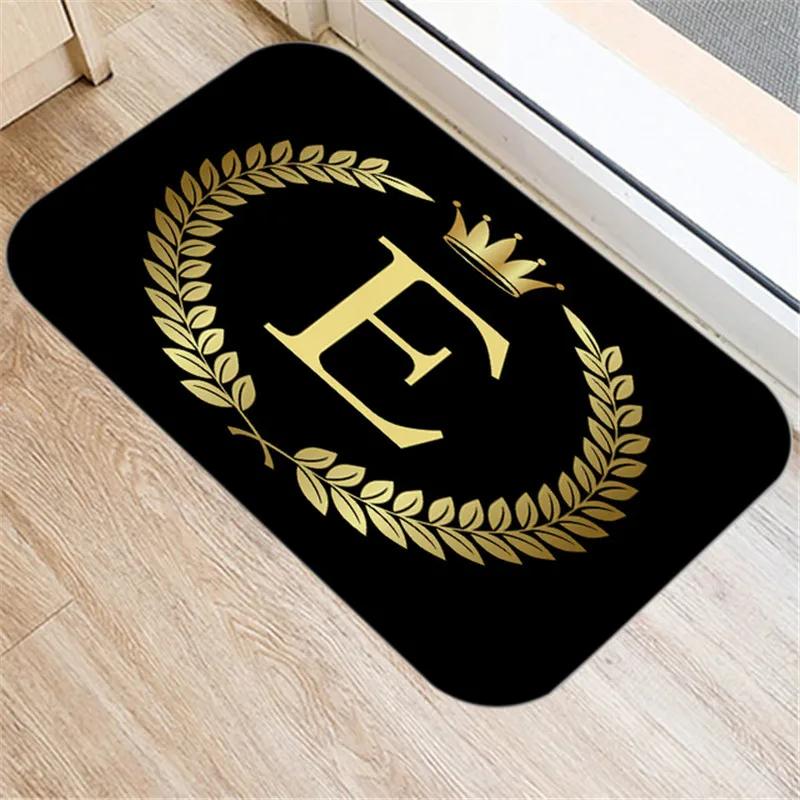 Kitchen Bathroom Non-slip Floor Mat Style Indoor Rug Black Gold Crown Letter Decoration Entrance Door