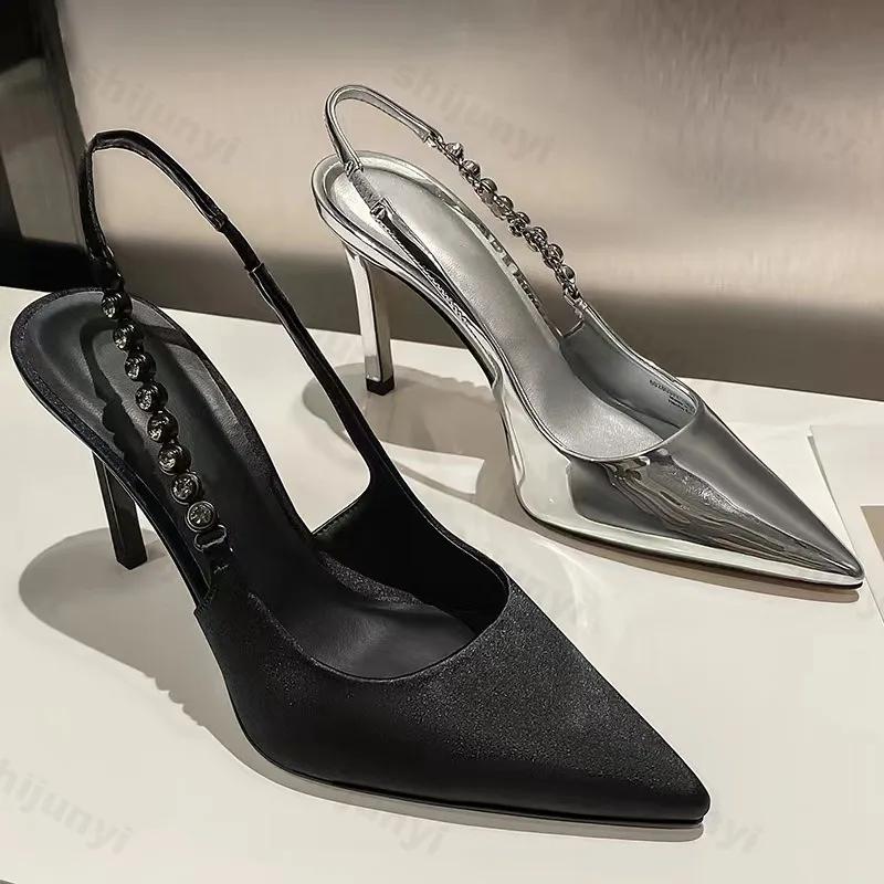 Fashion Sexy High Heels Crystal Sandals Slingback Women Pumps Metallic Pointy Toe Stiletto Heeled Shoes Silver Party Dress Woman Shoes