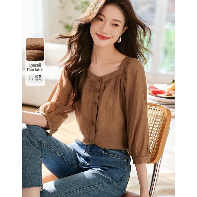 Retro Square Collar Pleated Tencel 3/4 Sleeve Shirt S