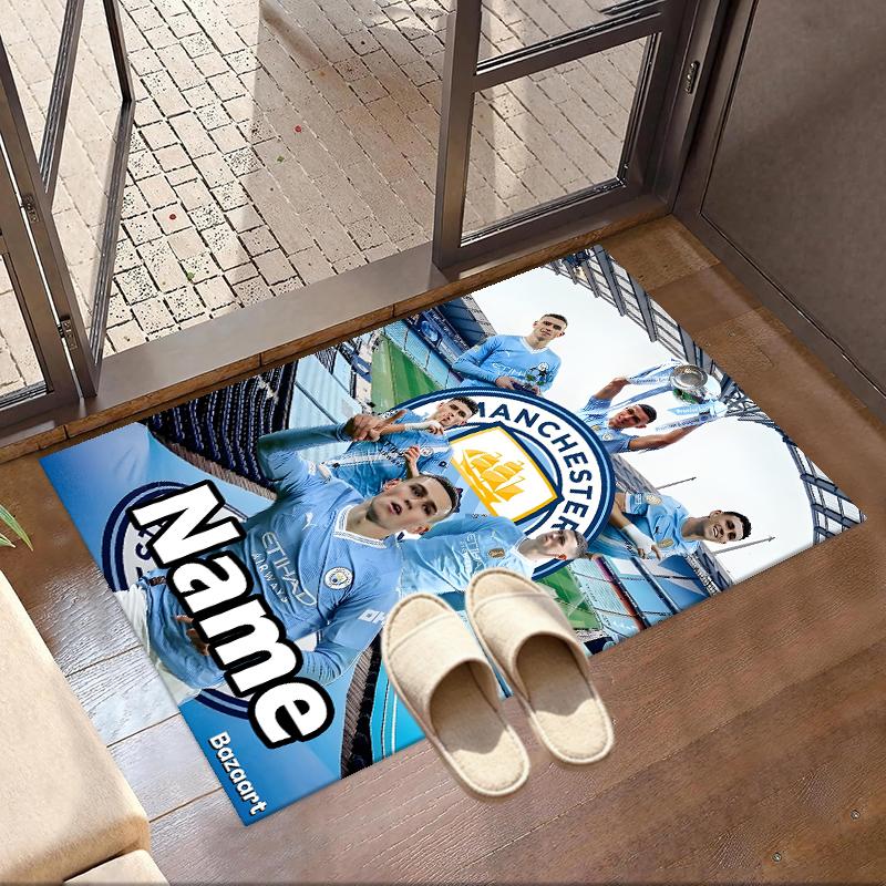 Custom Name Personalized Manchester City FC Print Carpet, Versatile Home Decor Rug, for Playroom, Apartment, Balcony, Entryway, Hallway Gift