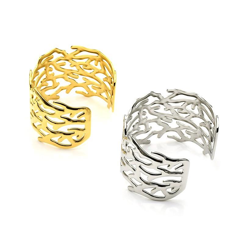 Stainless Steel C-Shape Open Bangle With Hollow Leaf Womens Bold Statement Bracelet