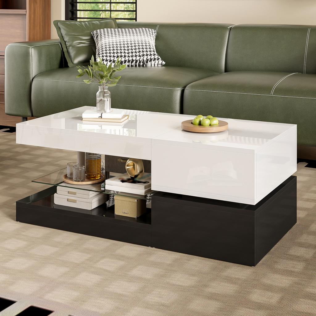 Moderner Couchtisch mit LED-Umgebungsbeleuchtung, APP- und Bluetooth-Steuerung, Glasablage & Hochglanzoberfläche, schwarz-weißes Design, 90x45x35,5 cm