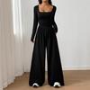 2026 Europäischer & Amerikanischer Stil Quadratischer Ausschnitt Jumpsuit - Langarm, Taillenbetonend, Weitbeinige Hose, Lässiger High Waist Jumpsuit für Damen