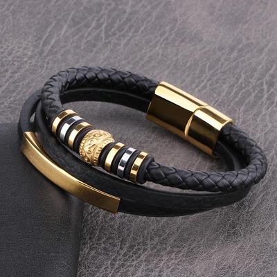 Men's Multilayer Braided Leather Bracelet Stainless Steel Gold Bead Bar Magnetic Clasp Punk Wristband Male Jewelry Gift