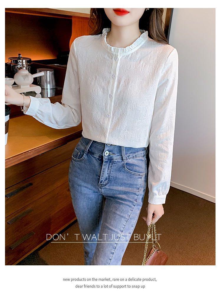 Spring & Autumn 2024 Women's Jacquard Cotton Shirt with Ruffled Collar - Fashionable & Versatile