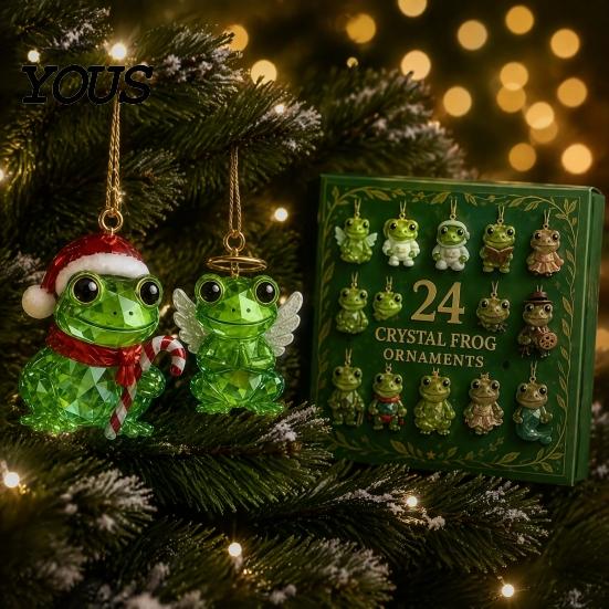 Faux Crystal Frog Ornaments 2026 Christmas Advent Calendar, 24 Day Countdown Box with Mini Animal Statues Ornaments, Festive Tree Hanging Decor,