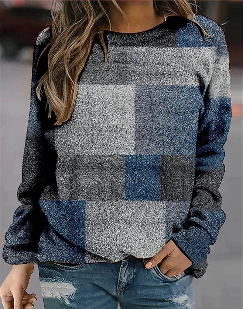1116 Autumn and Winter Casual Europe Station Plaid Loose Printing Long Sleeve Crew Neck Sweater Women's Clothing