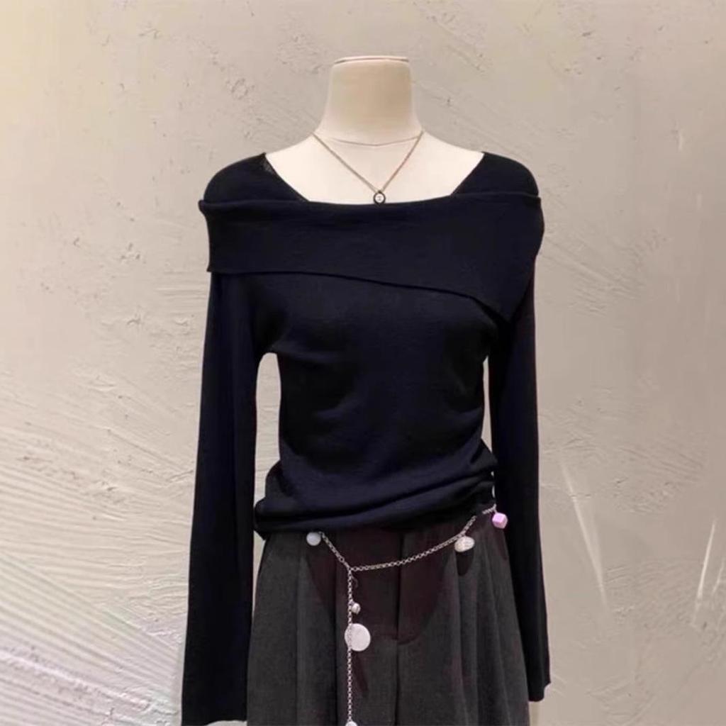 Sweet Temperament Off-Shoulder Knit Top - Women's 2025 Autumn/Winter Korean Style Slimming Base Shirt