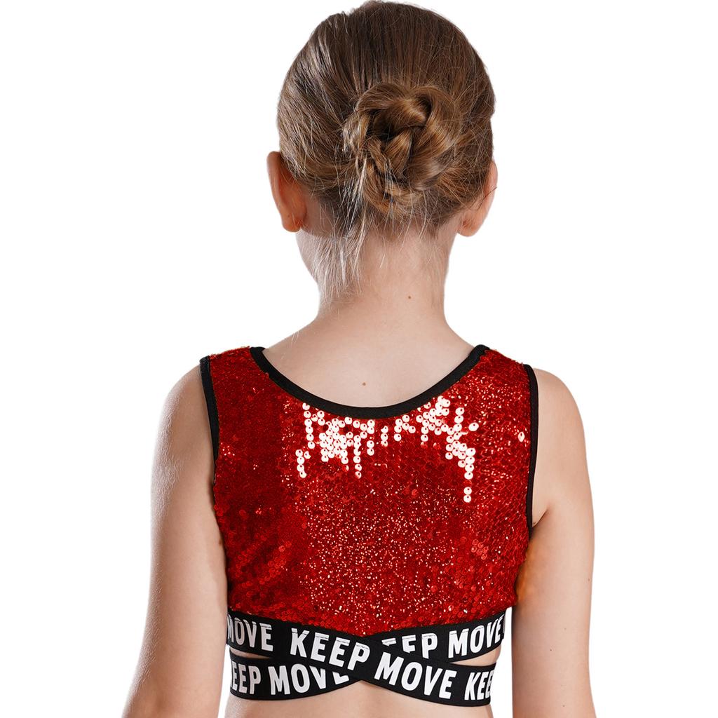 Girls Shiny Sequin Sleeveless Round Neck Criss Cross Waistline Crop Top Dance Performance Hip Hop Top