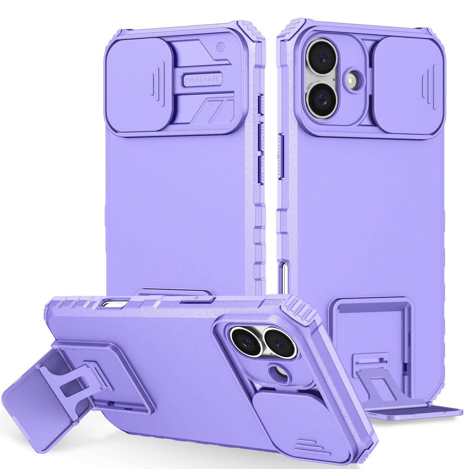 

For iPhone 16 Plus Case Camera Slider PC+TPU Phone Cover with Kickstand Purple