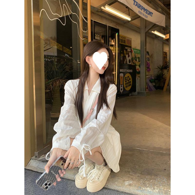 White small lapel long-sleeved dress women's spring dress new design sense lace-up and thin waist A-word short skirt