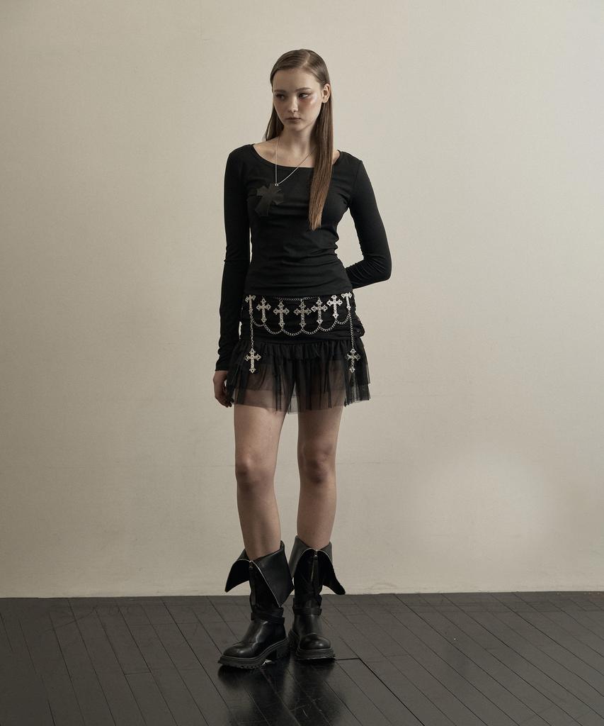 ILLIO Black Faux Leather Cross Necklace Top