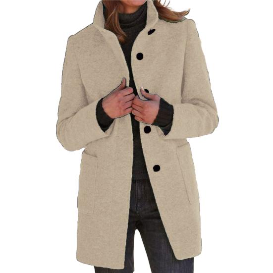 Women Fall Winter Coat Stand Collar Thick Warm Soft Mid Length Solid Color Pockets Single-breasted Lady Thick Overcoat